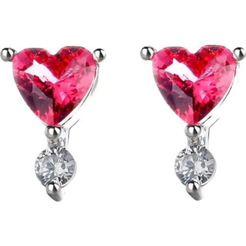 Silver Plated Love Heart Stud Earrings With Rose Red Crystal Zircon Female Brincos For Women Fine Jewelry