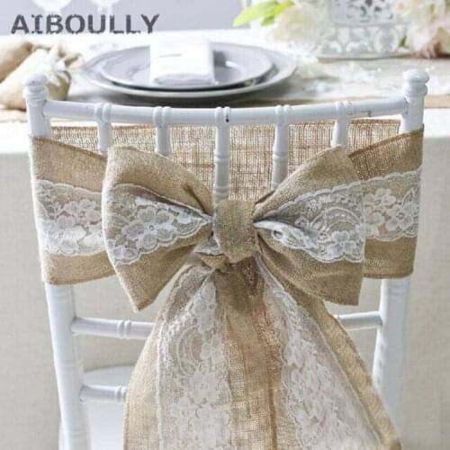 15*275cm Wedding Vintage Natural Brulap Lace Jute Chair Sash Bow For Chair Cover Banquet Wedding centerpiece Party Decor Supply