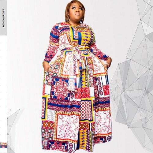 Autumn Womens Clothing Digital Printing Temperament Round Neck Waistband Long Sleeve Plus Size Dress 4xl Wholesale Dropshipping