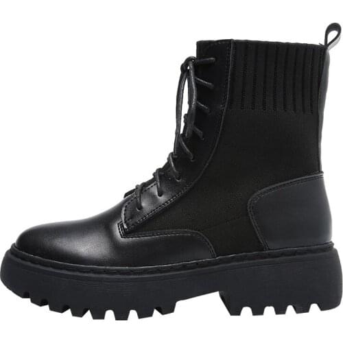 High Increase Platform Women Socks Boots Leather Socks Winter Martin Booties Female Lace Up Round Toe Black Shoes Plus Size 43