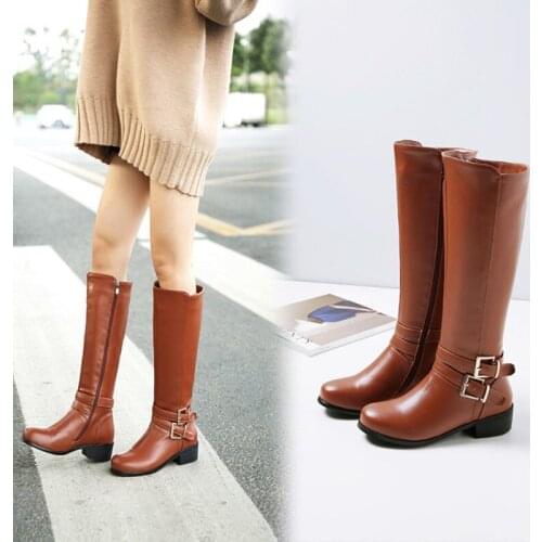Ochanmeb Big Size 44 45 Women Belt Metal Buckle Knee High Boots Woman Autumn Winter Warm Fleece Plush Long Boot Woman Brown Shoe