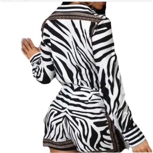 2021 Women Zebra Print Buttoned Shirt & Zipper Short Sets Full Casual Single Breasted Turn-down Collar Shirt Above Knee Mini Sho
