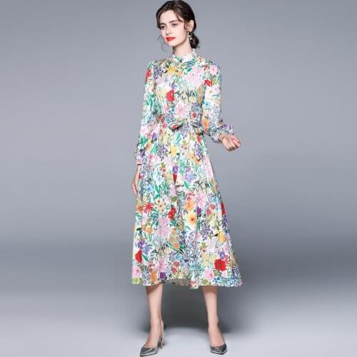 Summer Flower Boho Beach Dress Women Bohemian Long Sleeve Elastic Waist Multicolor Floral Printed Long Dress With Belt k7011