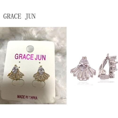 GRACE JUN Sector Shape Clip on Earrings No Pierced 2 Colors Available Full Cubic Zircon Fake Earrings Needn't Ear Hole Clip Cuff