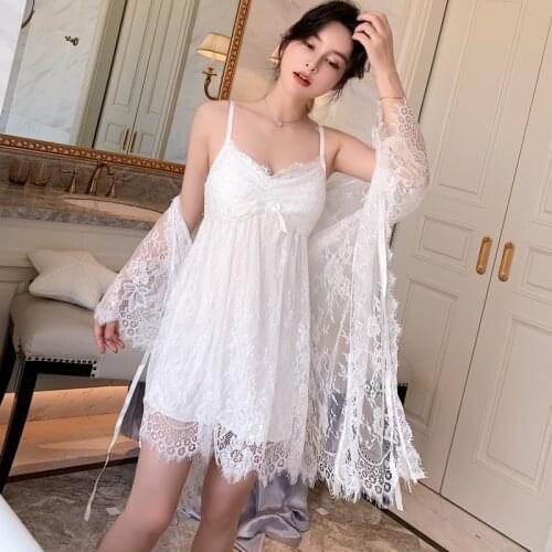 Fairy bodice bathrobe woman summer sexy suspenders nightdress lace two-piece nightgown home dress with chest pad sleepwear