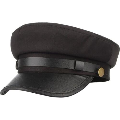 Women Men Retro Soild Color Leather Band Sea Flat Military Army Navy Sailor Visor Cap Retro Cabbie Beret Hat (One Size:56cm)