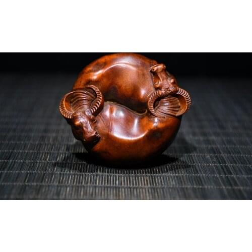 3"Chinese temple collection Old Boxwood Zodiac Bull Statue Two cows around Turn things around Office Ornaments Town House
