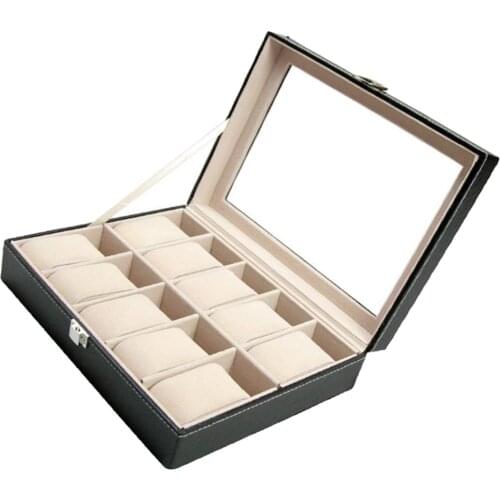 Leather 10 Slot Watch Box Glass Top Watch Jewelry Display Case Organizer