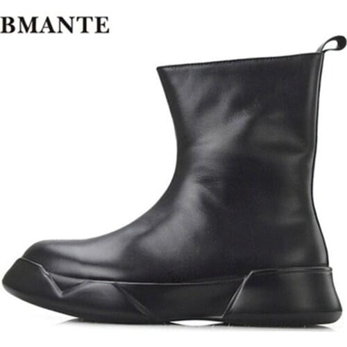 Men Genuine Leather Solid Colors Shose Trainers New Male Adult Ankle Fur Boots Casual Zip Flats Spring Black Sneaker