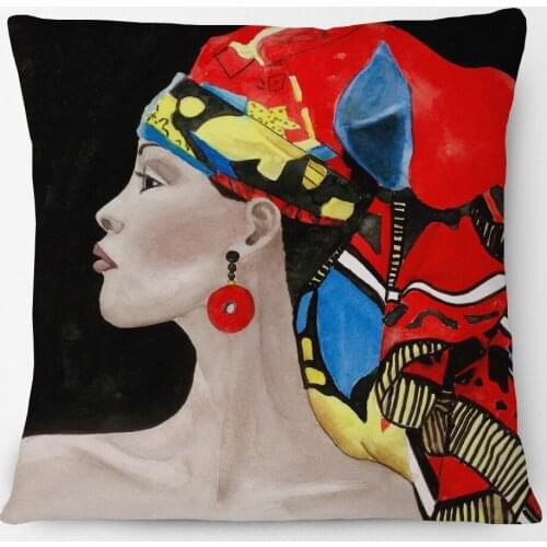 African Woman Queen Cushion Covers Cowboy Portrait Hand Painting Beige Linen White Polyester Pillow Case Sofa Decoration