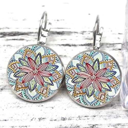 New Charm Henna Yoga Amulet Earrings Buddhism Vintage Jewelry Mandala Hanging Earrings Bronze Crystal Glass Bevel Woman