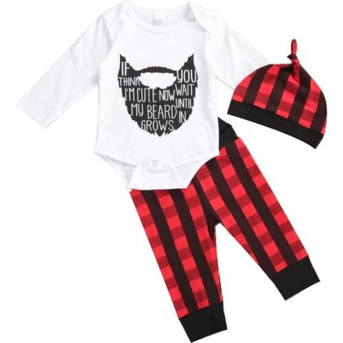 0-18M Autumn Newborn Baby Boys Outfits Fashion Casual Letter Print Long Sleeve Bodysuit + Red Plaid Trousers + Hat 3pcs Clothes