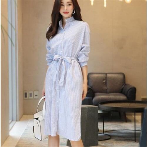 2020 Women Dresses Spring Autumn Elegant Casual Striped Shirt Dress Cotton and Linen Lace Up Single Breated CL365
