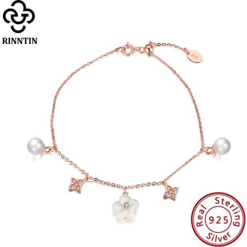 Rinntin 925 Sterling Silver Charm Bracelet Freshwater Pearl Flower Shape Rose Gold Plated Color Chain Women Jewelry 2021 TSB90