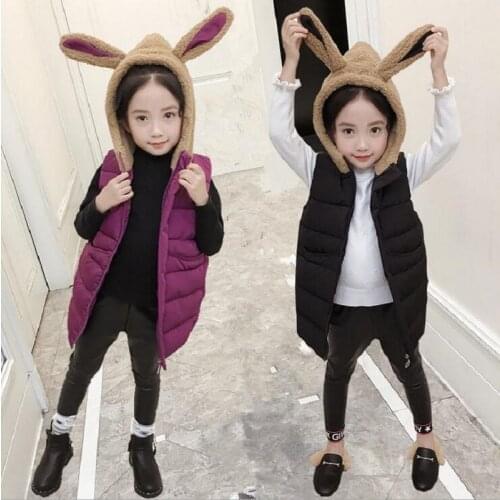 Winter Autumn 4-12Y Waistcoat For Children Sleeveless Kids Clothes Thicken Warm Long Hooded Cotton Cartoon Rabbit Vest For Girls