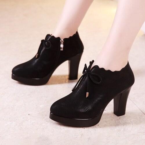 Genuine Leather Womens Deep Mouth High Heel Shoes Black Platform Pumps Womens Shoes Fashion Female Office Shoes Ladies 32-43