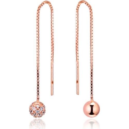 Polished & Pave Bead Dangle Earrings Fashion Rose Golden Jewelry Long Chain Drop Earrings for Women Clear CZ Silver Jewelry
