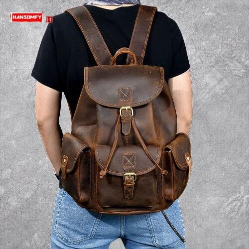 Mens Backpack Large Capacity Male Leather Travel Backpacks Drawstring Bags Retro Classic Original Handmade Crazy Horse Leather