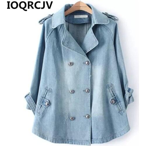2019 Autumn Denim Jackets Women Long Sleeve Vintage Double-breasted Denim Cloak Coat Large Size Loose Female Windbreaker R443