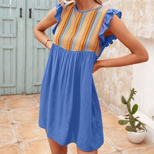 Women fashion national style round collar loose ear sleeve dress o neck mini dress