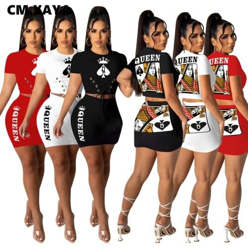 CM.YAYA Women Set Solid Sleeveless Crop Tops +Matching Skinny Elastic Mini Skirts 2 Piece Sets Summer Poker Print Tracksuits