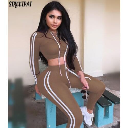 Fitness Casual 2 Piece Set Tracksuit Women Side Striped Hoodies Cropped Tops and Pants Jogger Two Piece Outfits Chandal Mujer