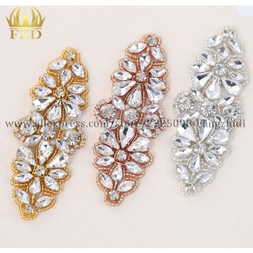 1pieces) Sewing On Hot Fix Beaded Iron On Rose Gold/Sliver Bridal Sash Rhinestone Crystal Appliques for Wedding Dress FA-888