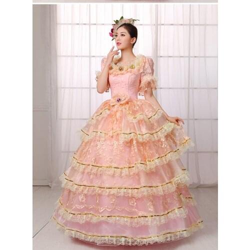 100%real light pink ruffled lace flower court medieval dress princess Renaissance Gown queen Victoria/ball gown/Belle