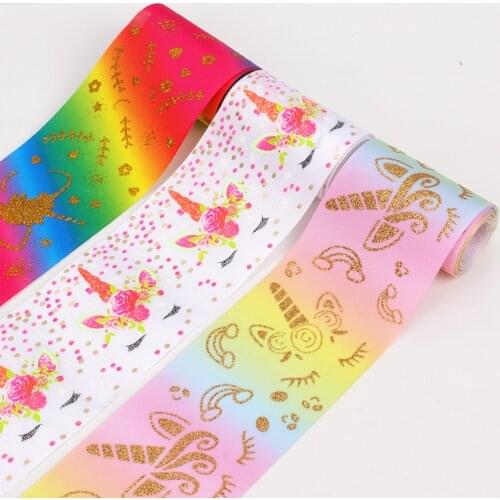 2 Yards Pink Unicorn Printed Grosgrain Ribbon 75MM For Hair Bows DIY Crafts Handmade Accessories