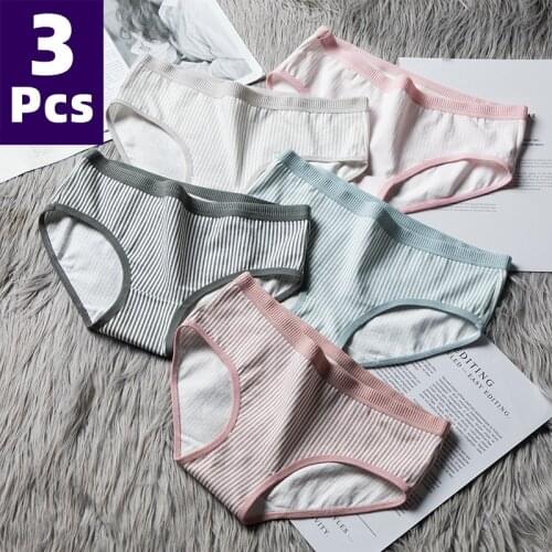 3PCS/Set Cotton Womens Panties Underwear Stripe Breathable Briefs Middle-waisted Soft Panty Women Underpants Female Lingerie