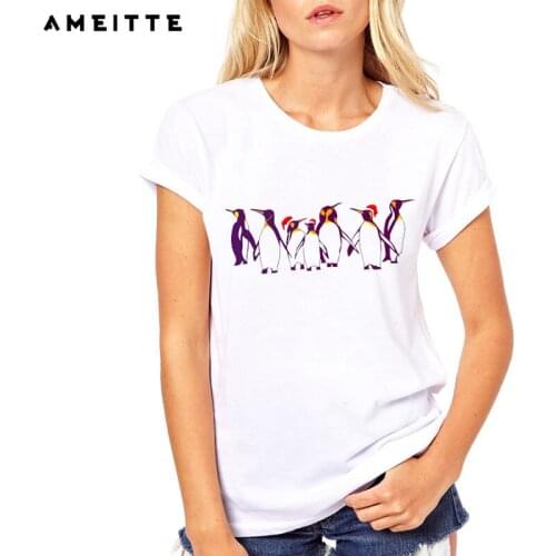 AMEITTE 2019 Newest Happy Christmas Penguins T Shirts Women Cute Penguins Print Fashion All-match Female White Tee Shirt