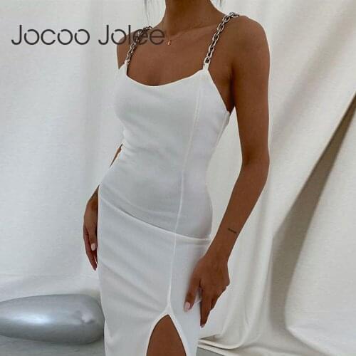 Jocoo Jolee Split Off Shoulder Backless Women U-Neck Chain Summer Sexy Skinny Dress Solid Casual Basic Elegant Party Club