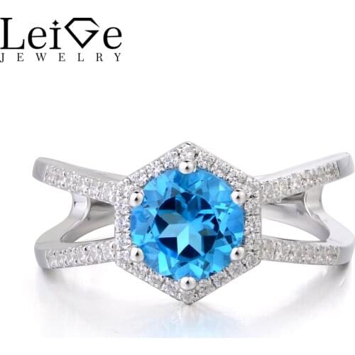 Leige Jewelry Swiss Blue Topaz Ring Engagement Rings Round Cut Gemstone November Birthstone Ring Solid 925 Sterling Silver Ring