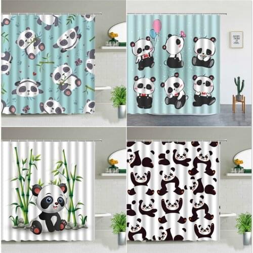 Cartoon Animal Panda Shower Curtains Set Green Bamboo Plants Print Children Room Bathroom Decor Luxury Polyester Bathtub Screen