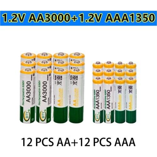 100% New 1.2V AA 3000mAh NI-MH Rechargeable Batteries+AAA battery 1350 mAh Rechageable battery NI-MH 1.2 V AAA battery