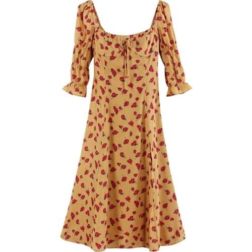 PERHAPS U Yellow Rose Print Slash Neck Half Sleeve A Line Knee Length Dress Vintage Summer D1156