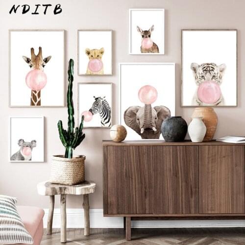 Pink Bubble Elephant Giraffe Child Poster Animal Wall Art Canvas Nursery Print Painting Nordic Kid Baby Room Decoration Picture