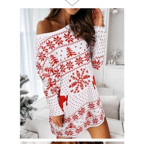 Christmas Ladies Knitted Long-Sleeved Short Skirt Elk Snowflake Print Round Neck Girly Temperament Sexy High Street All-Match