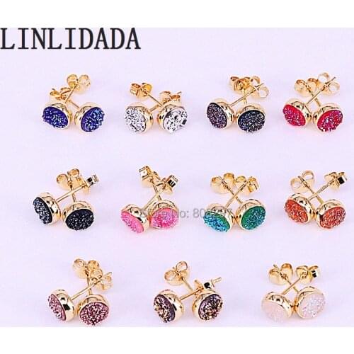 Fashion 10Pair Natural Titanium Quartz Stone Stud Earrings 7mm Multi-Color Round Shape Drusy Gems Earring