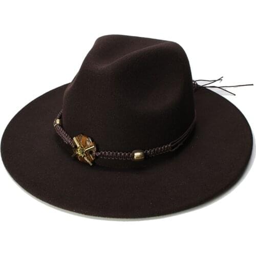 LUCKYLIANJI Retro Women Men Vintage 100% Wool Wide Brim Cap Fedora Panama Jazz Bowler Hat Braid Band With Flower(57cm/adjusted)