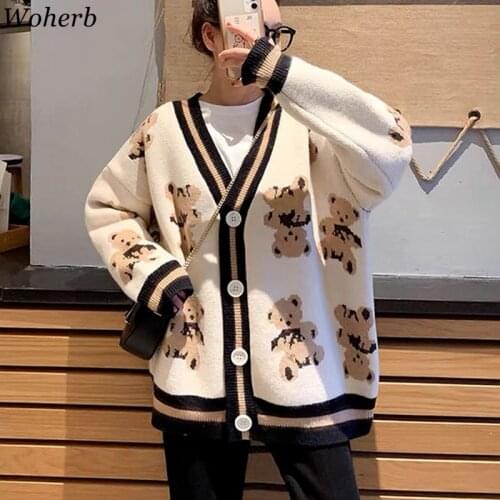 Woherb Autumn Women Clothing Knitted Sweater Bear Cardigan Cute Tops Korean Japanese Fashion Crochet Top Harajuku Kardigany