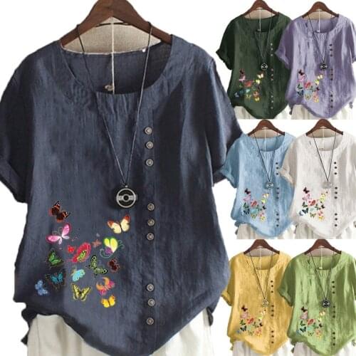 New Summer Ladies Casual Butterfly Print Loose T-shirt Retro Round Neck Large Size Short Sleeve Top S-5XL