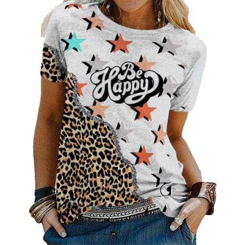 Summer T-shirt Color Block Leopard Print Women Short Sleeve Round Neck Blouse for Party