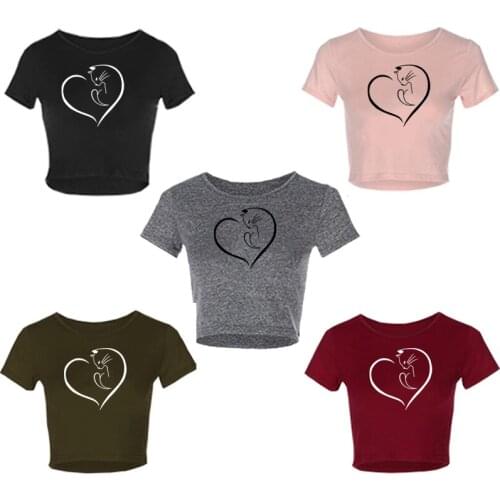 Printed Cat Short Sleeve Navel Solid Women Casual Summer T-Shirt Girl Tee Tshirt Tight Top T-Shirt Drop Shipping