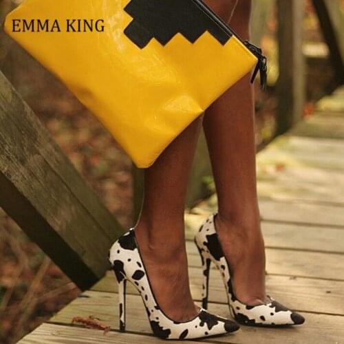 2020 New Cow Pattern Women Pumps Slip-on Joker Colors Woman Office Shoes Pointed Toe Sexy Stiletto Shoes Woman Ladies Plus 43