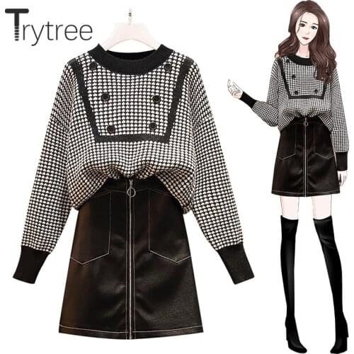 Trytree 2020 Autumn Winter Two piece Women Set Casual O-neck Buttons Sweater + Zip PU Mini Skirt Elastic Waist Set 2 Piece Suit