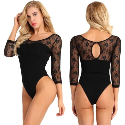 Women Gymnastics Leotard Adult Soft Lace 3/4 Sleeve Stretch Camisole Female Dance Class Eexercise Costume Ballet Dance Bodysuit