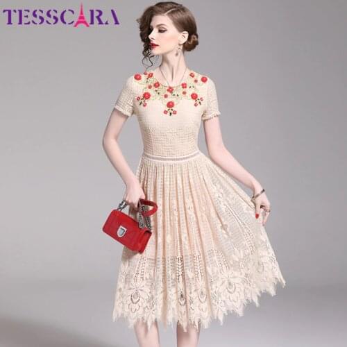 TESSCARA Women Luxury Beading Lace Dress Festa Female High Quality Event Party Robe Femme Floral Embroidery Designer Vestidos