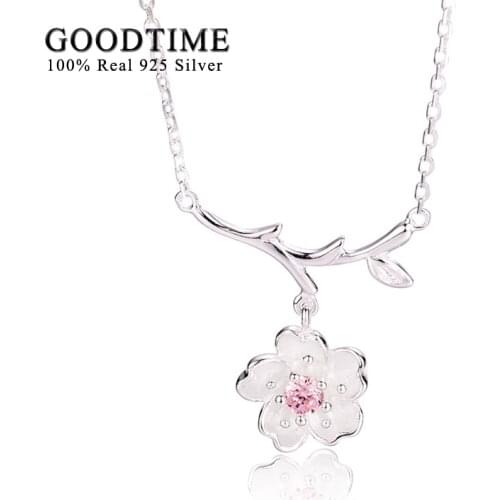 Real Genuine 925 Sterling Silver Necklace Pink Crystal Cherry Blossoms Flower Pendants & Necklaces Lovely Romantic Women Jewelry