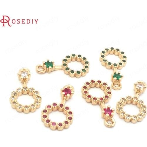 38539)10PCS 8x15MM 24K Champagne Gold Color Brass and Zircon Round Charms Pendants High Quality Jewelry Making Accessories